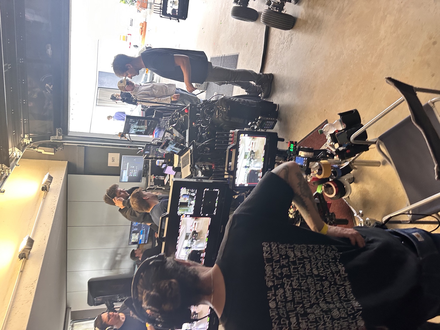 Video village and monitors on the Porsche set